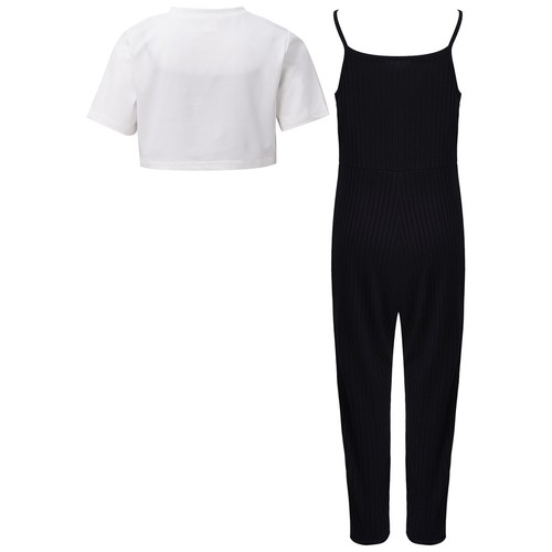 Kids Girls Crop Top And Leotards Set Active T-shirt With Jumpsuit Jogging Jazz - Picture 11 of 19