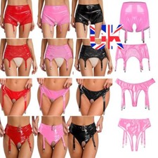 UK Womens Patent Leather Crotchless Booty Shorts Sexy Panties with Garter Clips
