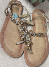 Women's Gold Rhinestone Beaded Strappy Flat Sandals Leather Buckle 6
