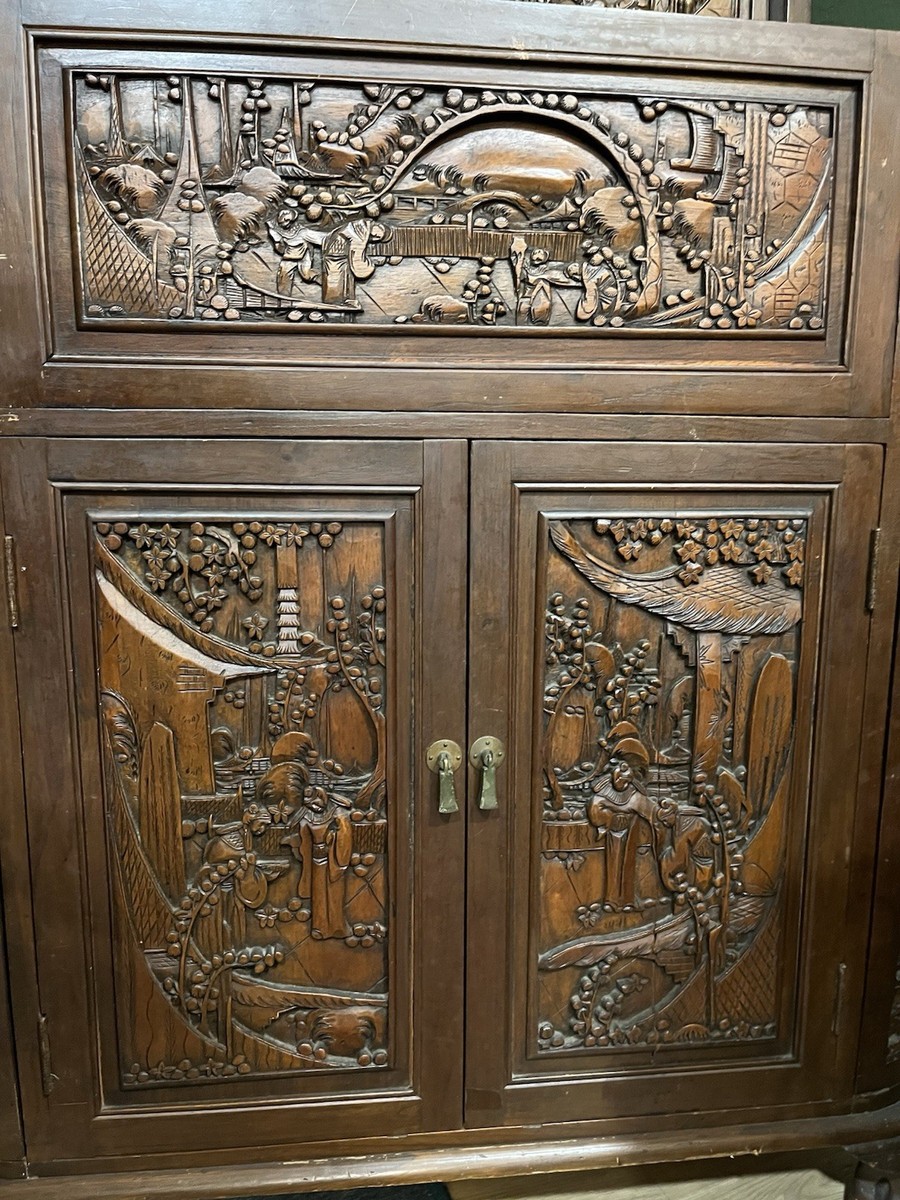 George Zee Style Mid-Century Asian Heavily Hand Carved Flip Top