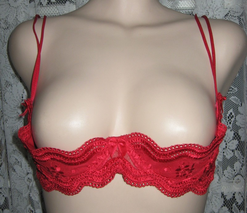 SHIRLEY OF HOLLYWOOD RED LACE SCALLOP SHELF BRA 34 NEW SHIP FREE TO U.S.