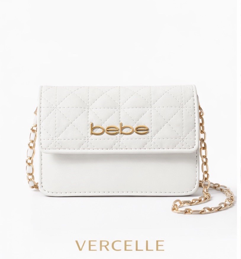bebe White Quilted Crossbody Bag Chain Strap Logo Accents Small Gold Hardware
