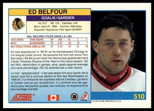 Partitura canadiense bilingüe #510 1991-92 Ed Belfour - Imagen 2 de 2