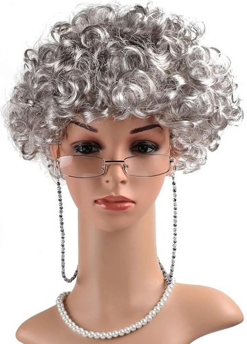 WeKen Old Lady Party Dress Up Costume wig glasses chain necklace props grandma - Picture 22 of 22