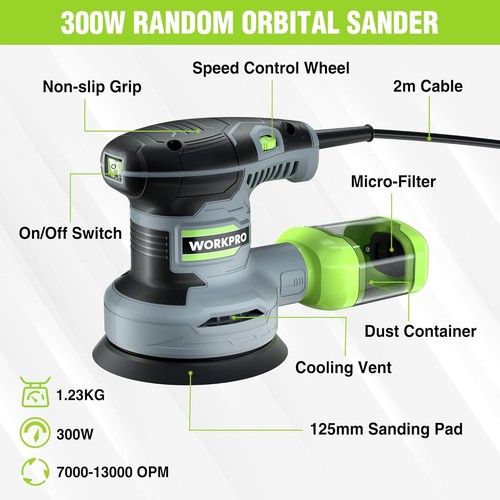 WORKPRO 300W 125mm Orbital Sander with 6 Variable Speed,for Sanding, Polishing - Picture 4 of 7