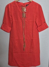 Tahari Arthur S Levine Red Linen Shift Dress Lace-Up Front Pockets Size 2...