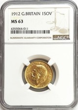 1912 GOLD GREAT BRITAIN 1 SOVEREIGN KING GEORGE V COIN NGC MINT STATE 63