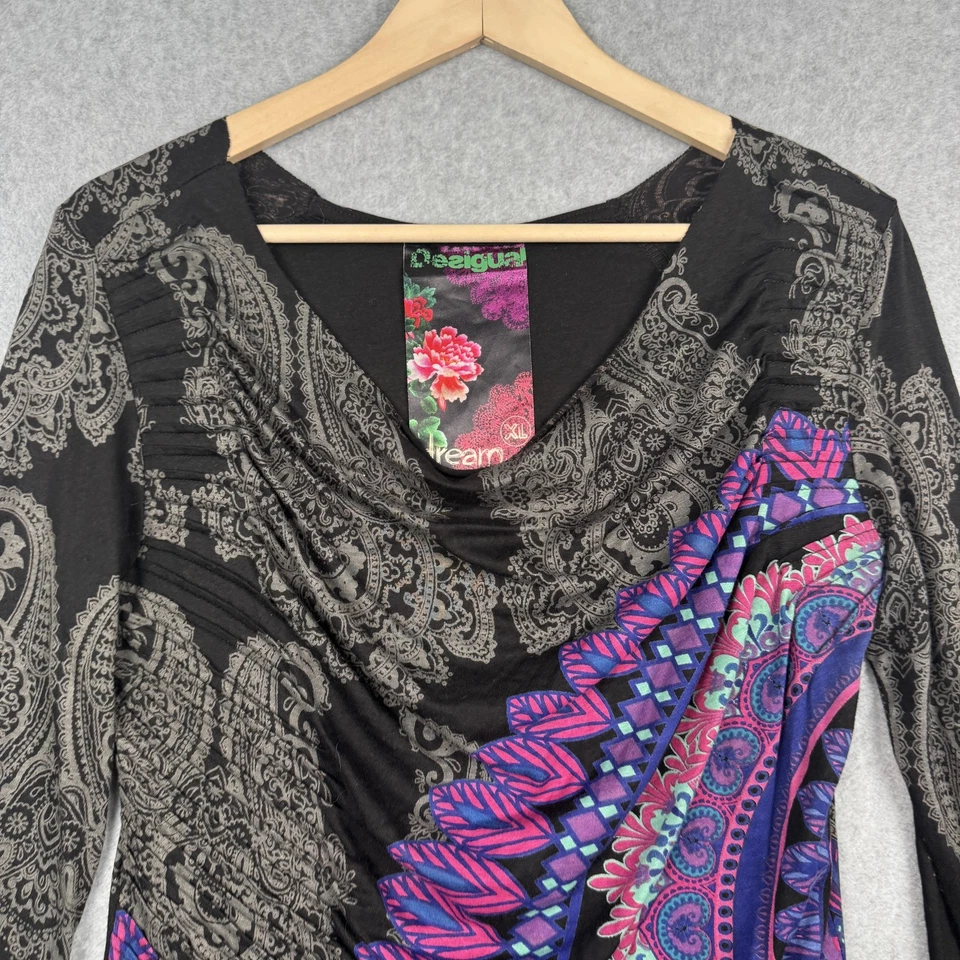Camisa Desigual Mujer XL Negra Multicolor Capucha Cuello Manga Larga Túnica Cachemira Foto 3 de 4