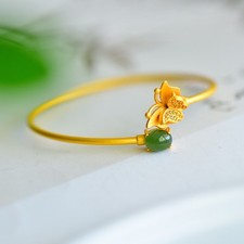 18K Gold Plated Inlaid Hetian Green Jade Butterfly Bracelet Cuff Adjustable SIZE