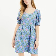 LOFT Blue Dainty Floral U Neck Puff Sleeve Dress Cottagecore Garden