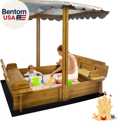 Kids Sandbox with Lid, Wooden Sand Box with Cover Outdoor, Uv-Protection & Natur