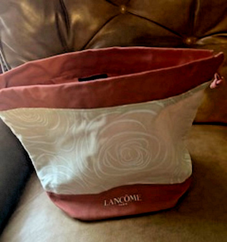 Lancome Cosmetic Bag Rust, Tan & White 9"H 11"W 7"D Has Drawstring New