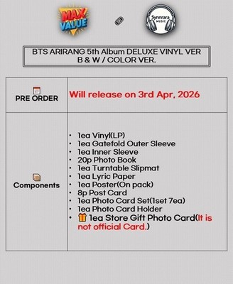 BTS [ARIRANG] 5th Album DELUXE VINYL RANDOM(B&W/COLOR) Ver+GIFT