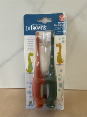 Dr. Brown's Baby and Toddler Toothbrush, Green and Orange Dinosaur 2-Pack. New