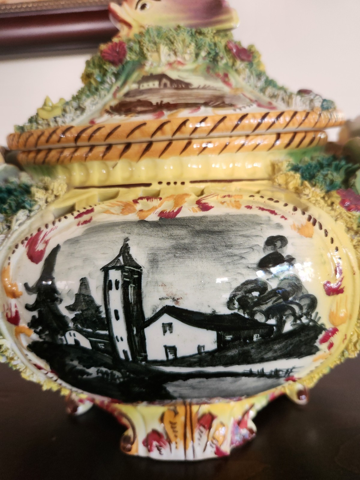 VTG Italian Majolica Tureen With Dolphin. Older, Family Piece