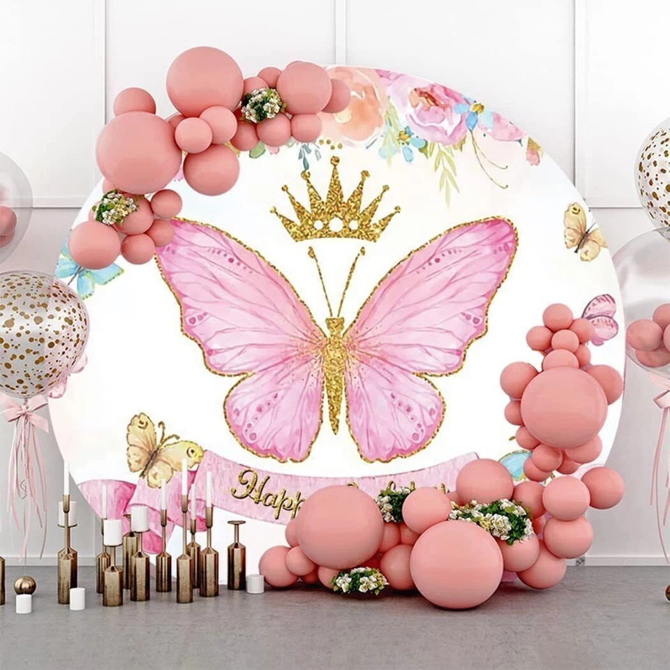 Round Backdrop Cover Floral Butterfly Theme Birthday Party Photo Background Prop - Image 2 of 4