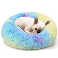 20in Calming Donut Cat  Dog Bed Washable Fluffy Round Pet Bed Rainbow