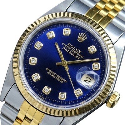 Rolex Mens Datejust Two-Tone Blue Vignette Diamond Dial Watch w/ Original Box