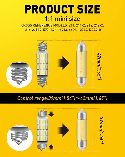 AUXITO 578 LED Bulbs 211-2 212-2 Festoon Bulb 39mm-42mm 4 PACK, White, Black - Picture 6 of 7