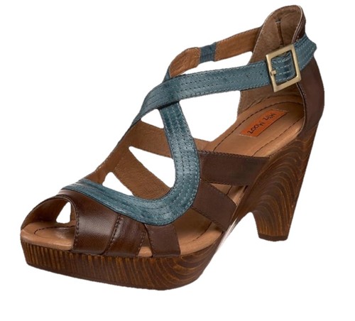 *Miz Mooz Petra Sz 7.5 Strappy Sandal Brown Leather Wooden Heel Turquoise/brown