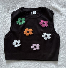 H&M Damen Pullunder kurz schwarz Blumen besti...