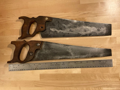 2 Vintage Hand Saws Wood Handles 12'' & 15'' Blades Cross Cutting Makers Mark on 1