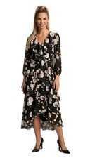 Alice + Olivia 8 Floral Ruffle Silk Dress Black White V-Neck Long Sleeve Rar SZ