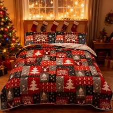 Christmas Quilts Set 3 Piece, Queen Size Comforter Set, Christmas Plaid Deer ...