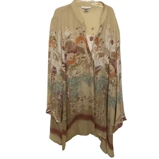 citron blouse size 1x beige silk button down floral beaded long sleeve