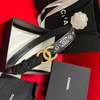 New CHANEL Belt Black Calfskin Leather Women's Belt Gold CC Buckle