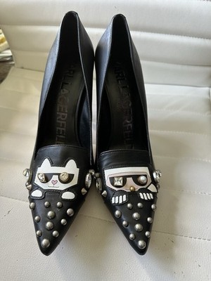 Karl Lagerfeld Paris Black Studded Cat Face Heels Size 8.5 EU 39.5 Novelty Shoes