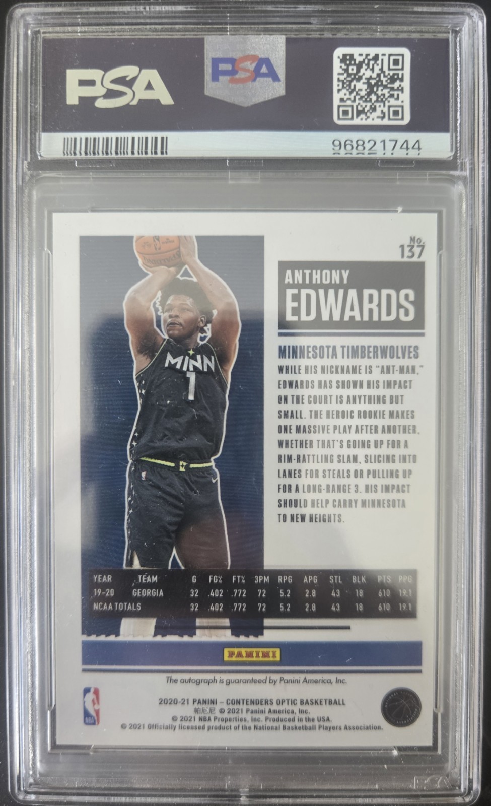 2020 Panini Anthony Edwards Rookie Ticket Auto PSA 10 view 2
