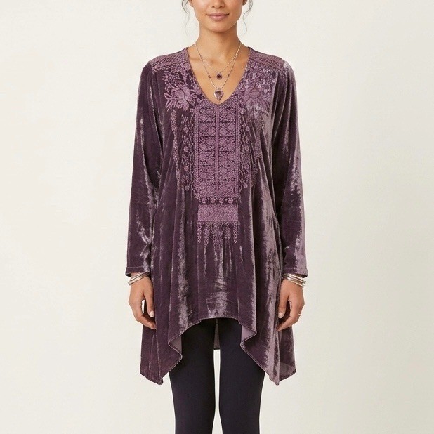 Johnny Was Plum Purple Silk Blend Velvet Embroidered Tunic Top Size Small