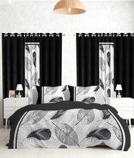Bedding Set with Matching Curtains, King Quilt, Black White Feather, 8 Piece