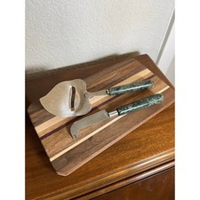 Vintage Handcrafted Wooden Cheese Board with Pier 1 Marble Handle Slicers