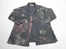 Chicos Jacket Womens 2 Black Linen Floral Boho Artsy Whimsigoth Kimono y2k grung