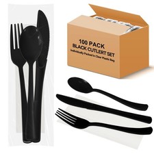 Black Plastic Cutlery Packets 100 Packs Individually Wrapped Utensils with K...
