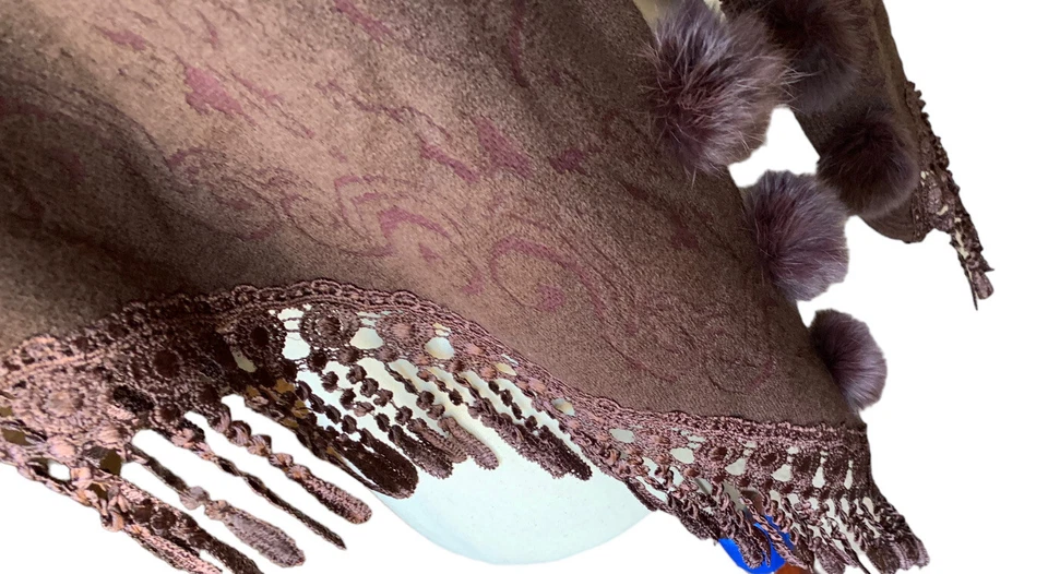 Pompón de piel texturizada tejido vintage con flecos bordados marrón arte chal marrón Foto 4 de 4