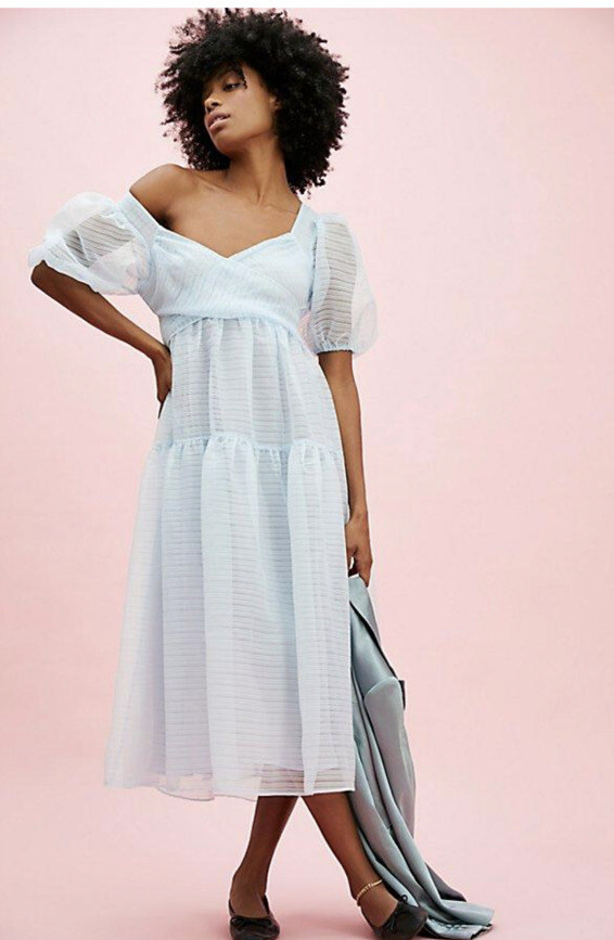 puff sleeve fitted midi dress Free people Hailey puff sleeve sheer Wrapped Front cute Midi Dress 6