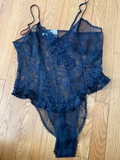 VTG VICTORIA'S SECRET Lace Black CHIFFON Bodysuit GOLD LABEL BEADED SHEER size L