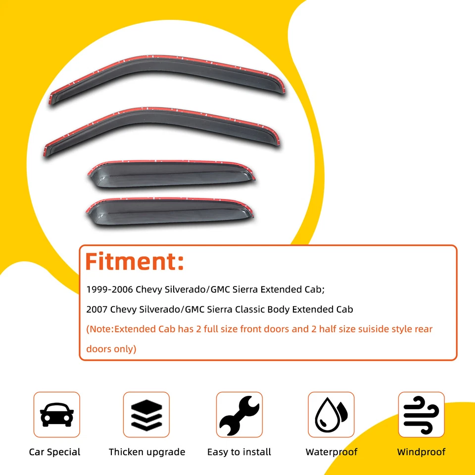 4pcs Smoke Vent Shade Window Visors Fit 99-06/07 Silverado/Sierra Extended Cab Foto 3 de 4