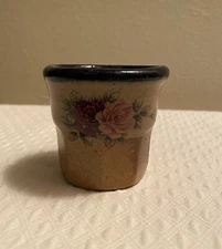 Monroe Salt Works Maine Pottery Crock Stoneware Rose Design Cobalt Blue Rim