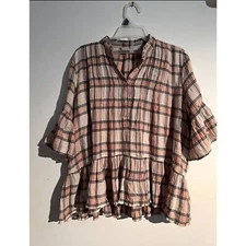 Ann Loft XS Blouse Plaid Design Flared Sleeve Shirt 