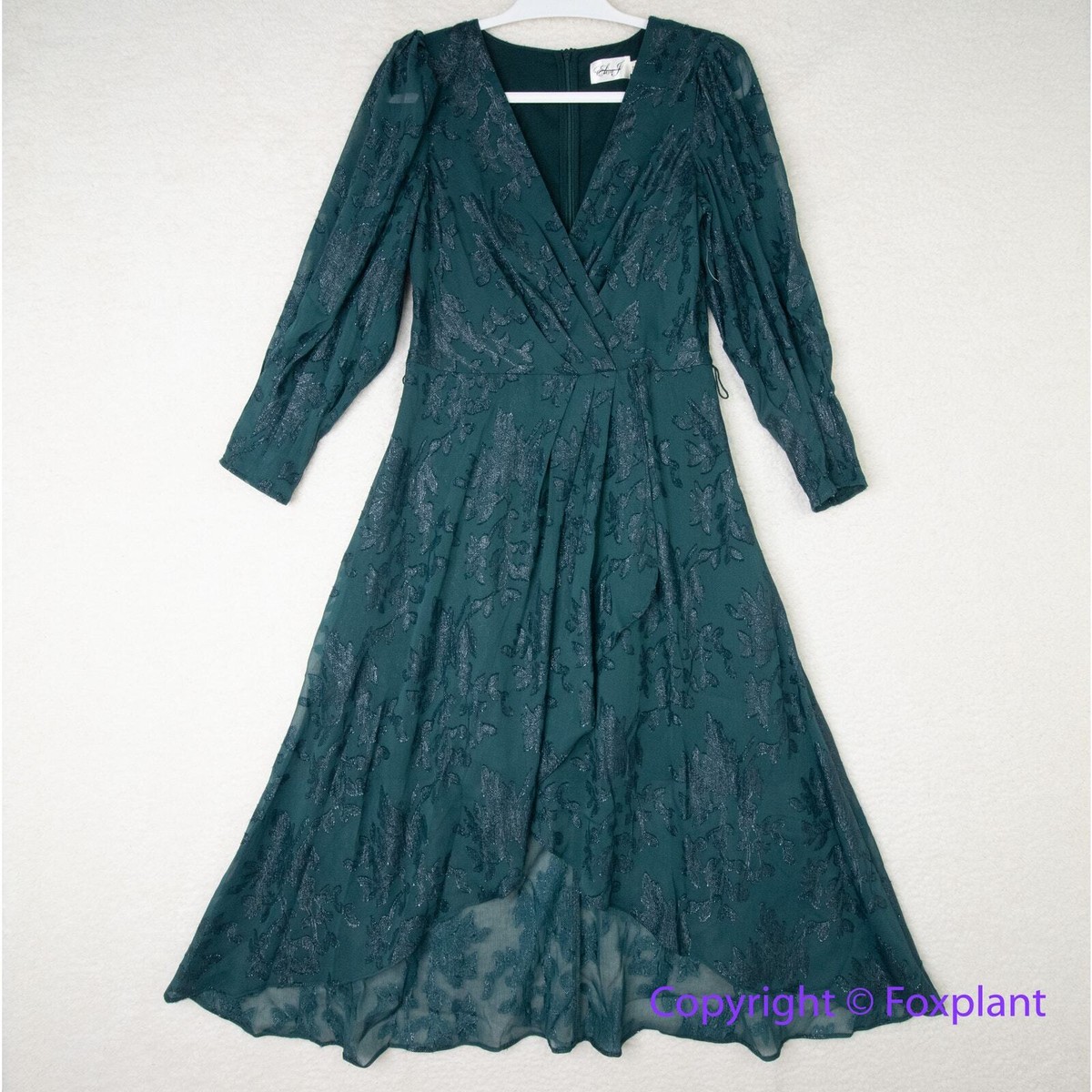 New! Eliza J Metallic Floral Jacquard Long Sleeve Dress dark green