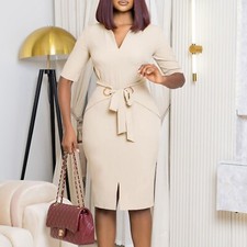 Women's Vintage Dresses 3/4 Sleeve V-Neck Bodycon Pencil Midi Work Church Dress