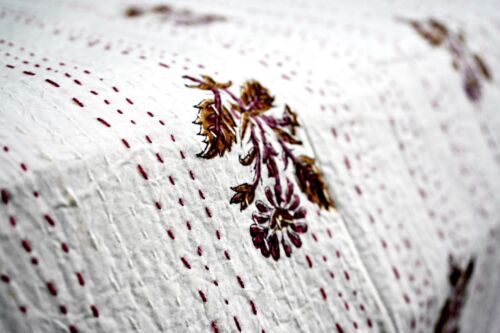 Indian Pink & White Kantha Quilt Bedspread Throw Cotton Bedcover Block Print
