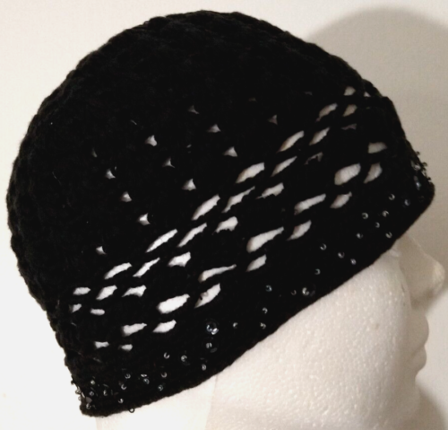Black Sequin Knit Juliet Cap Flapper Beanie Hat Crochet Boho Bohemian Hipster - Picture 1 of 5