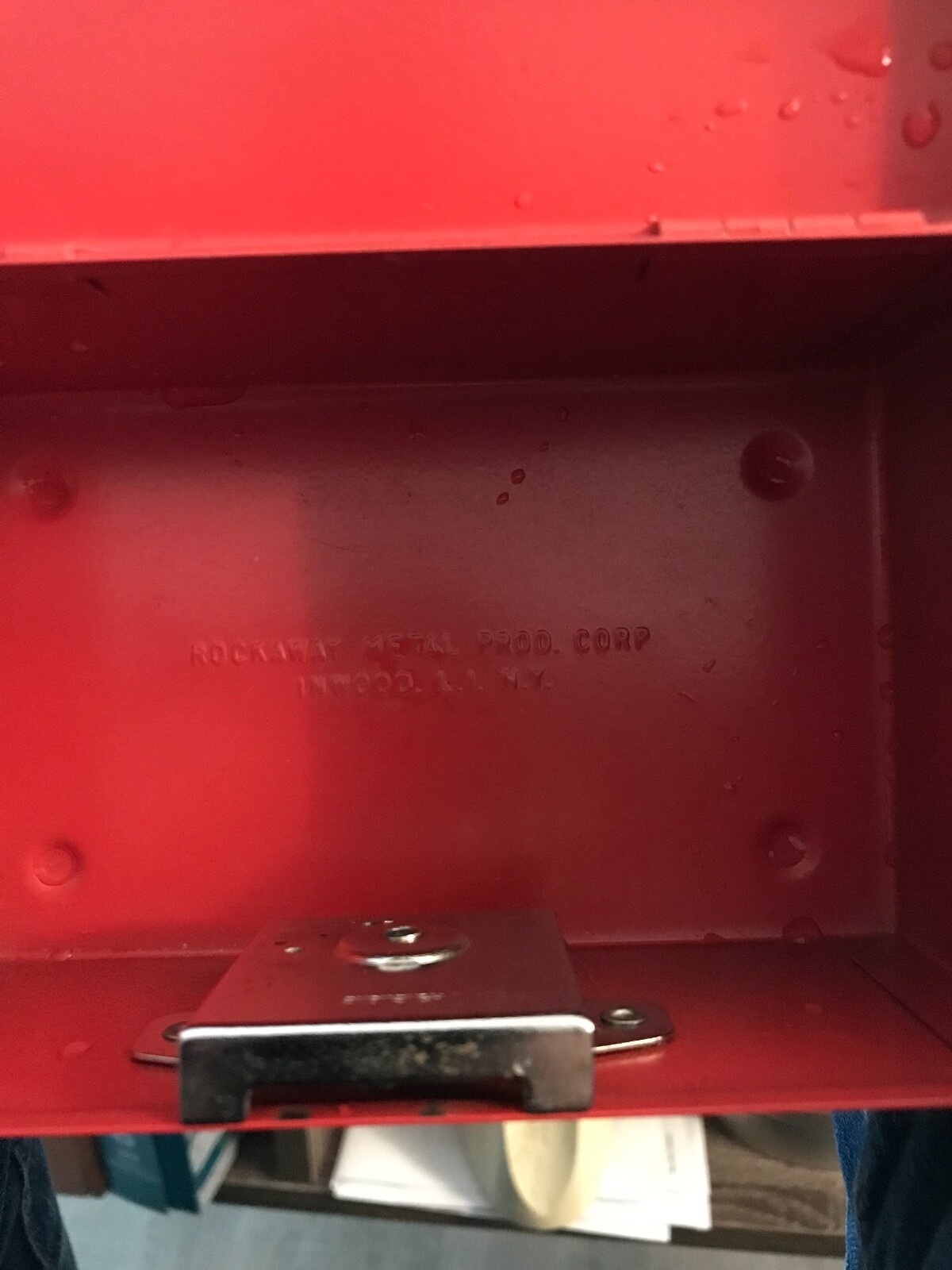 Vtg  Rockaway Metal co.  Coin Bank 5.5x3.5x2.5" No Key But Works Push Button RED