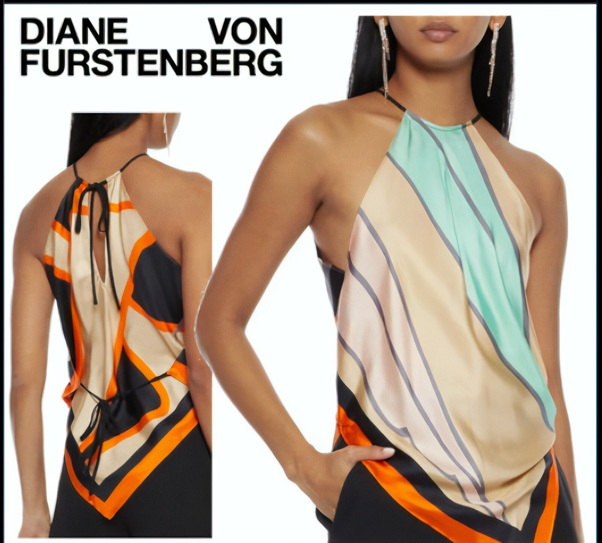 Diane Von Furstenberg DVF Multicolor Scarf Halter Top Silk