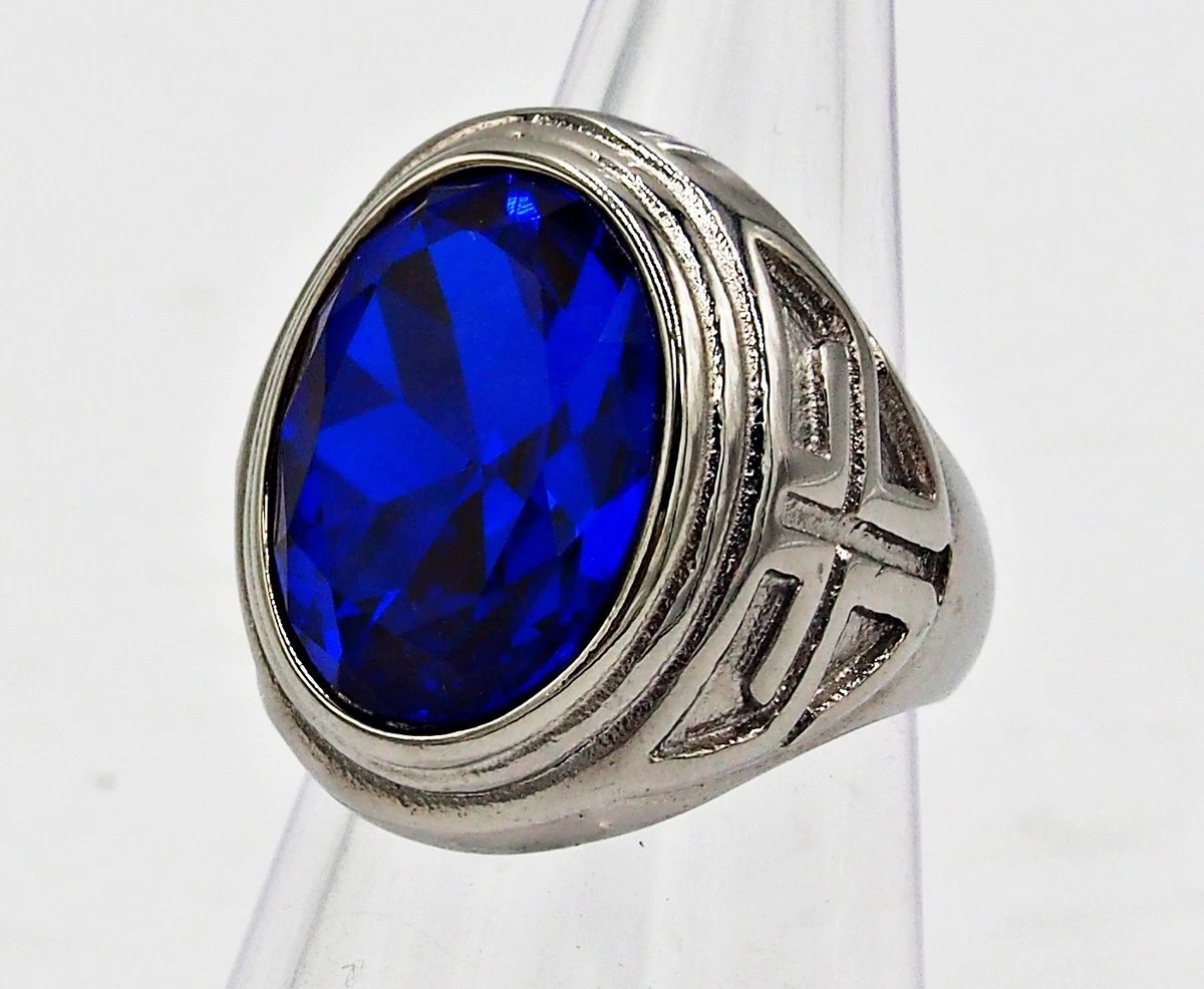 Men ring blue sapphire simulated stainless steel solitaire cross